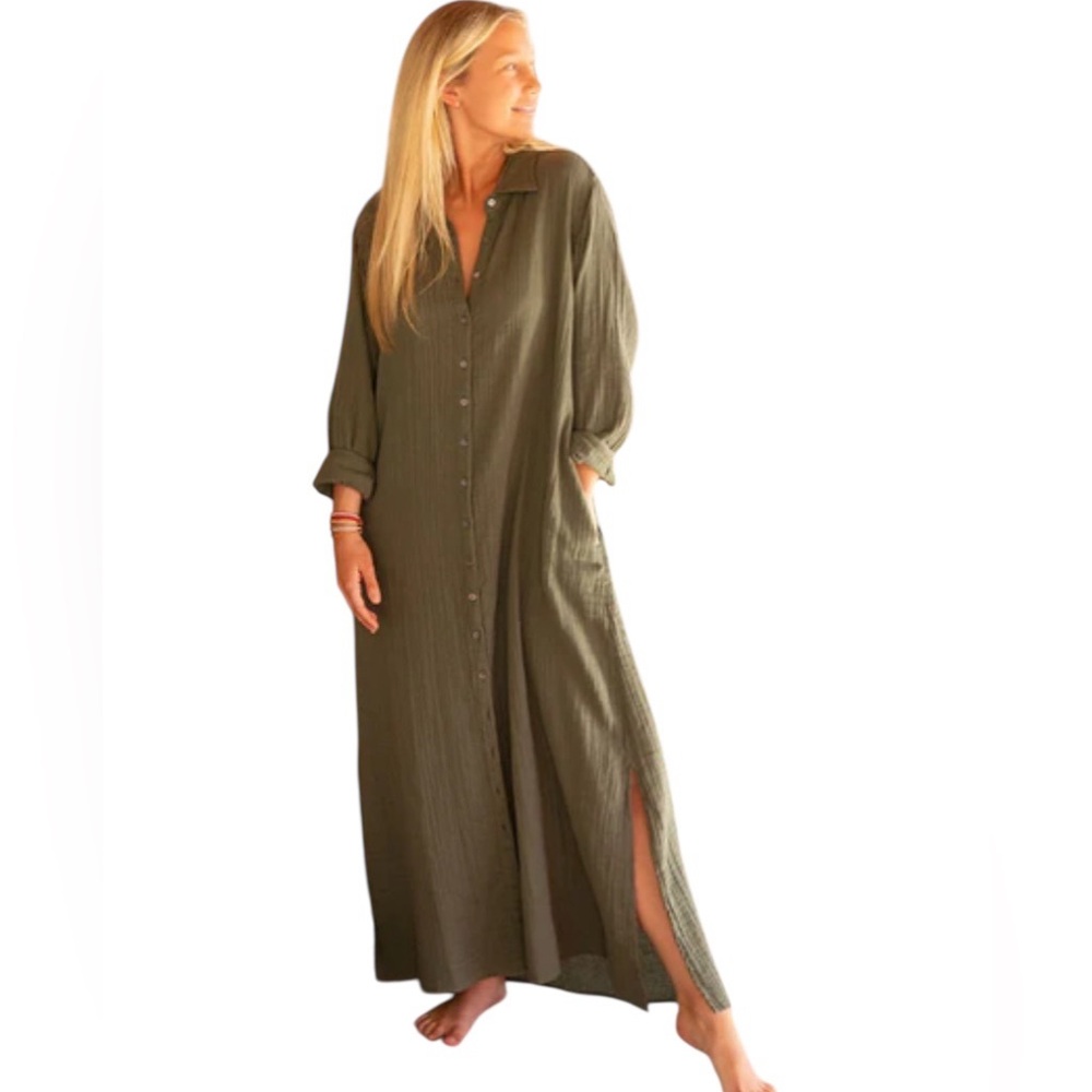 Natural Life Gauze Maxi Dress Button Front Long Sleeve Olive Green Boho
